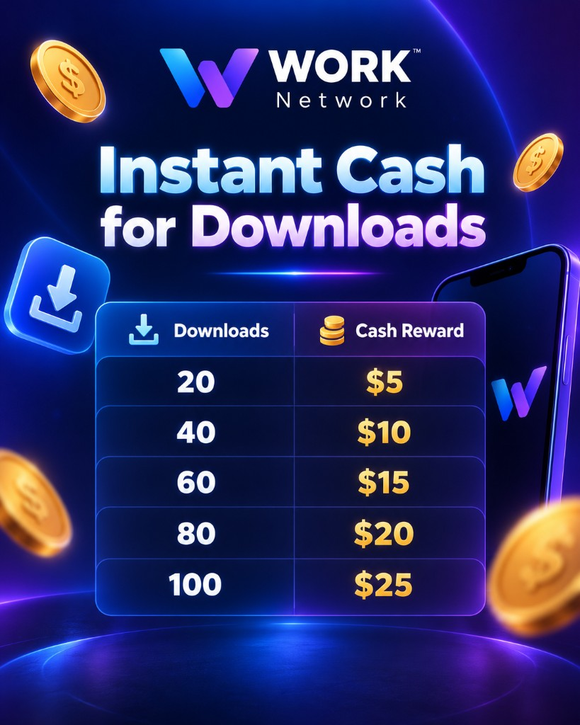 Instant cash for downloads: 20 downloads earn $5, 40 earn $10, 60 earn $15, 80 earn $20, and 100 earn $25